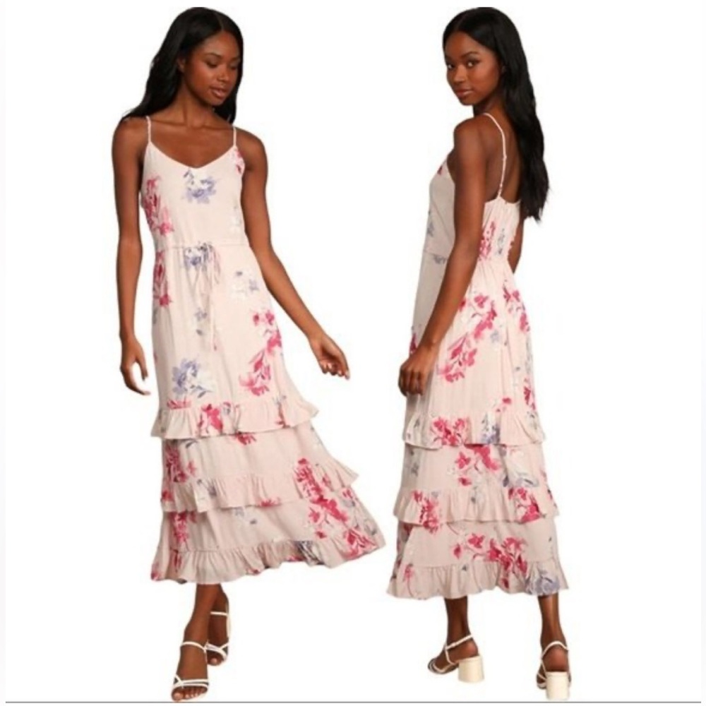 Lulu's Feeling the Frills Light Pink Floral Print Tiered Midi Dress Medium NWT - Picture 2 of 9